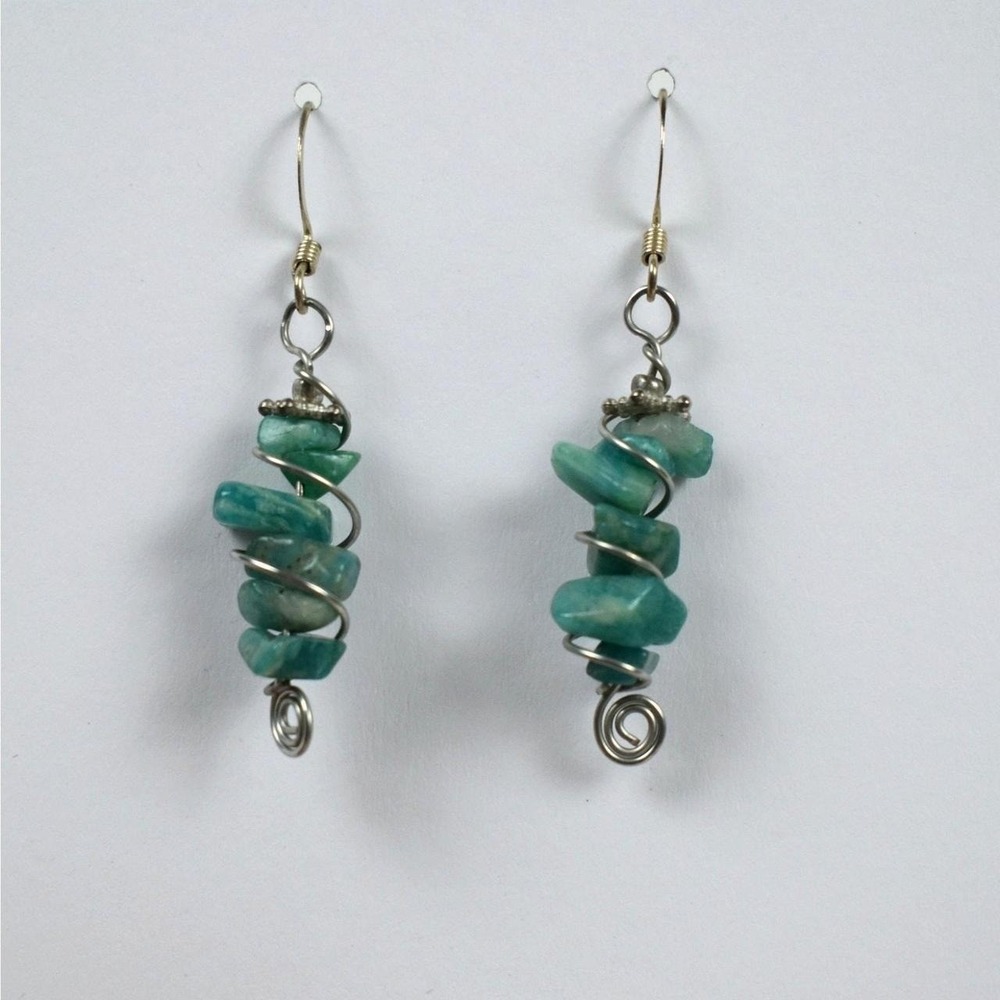 Green Dyed Stone Chip Wire Wrapped Earrings Silver Tone Earthy Boho Fairy Style
